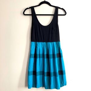 Topshop dress, blue and gray plaid with black top, size 6 US.